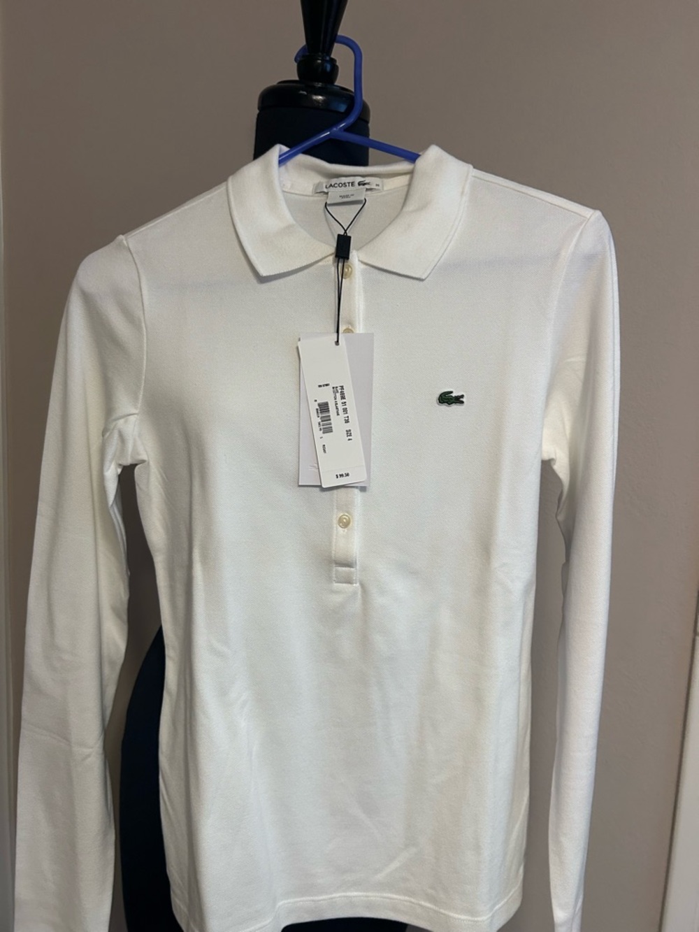Lacoste Long Sleeve White Polo with Crocodile Logo fits small. New!